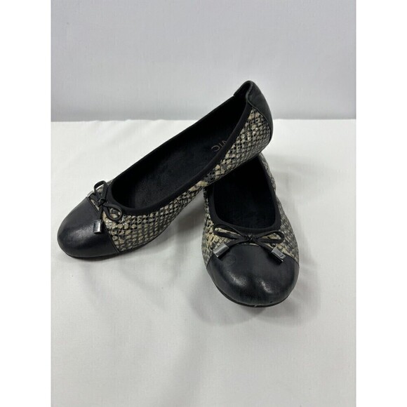 Vionic Minna Ballet Flats Size 6.5 Black Cream Reptile Print Leather Cap Toe - Picture 3 of 16